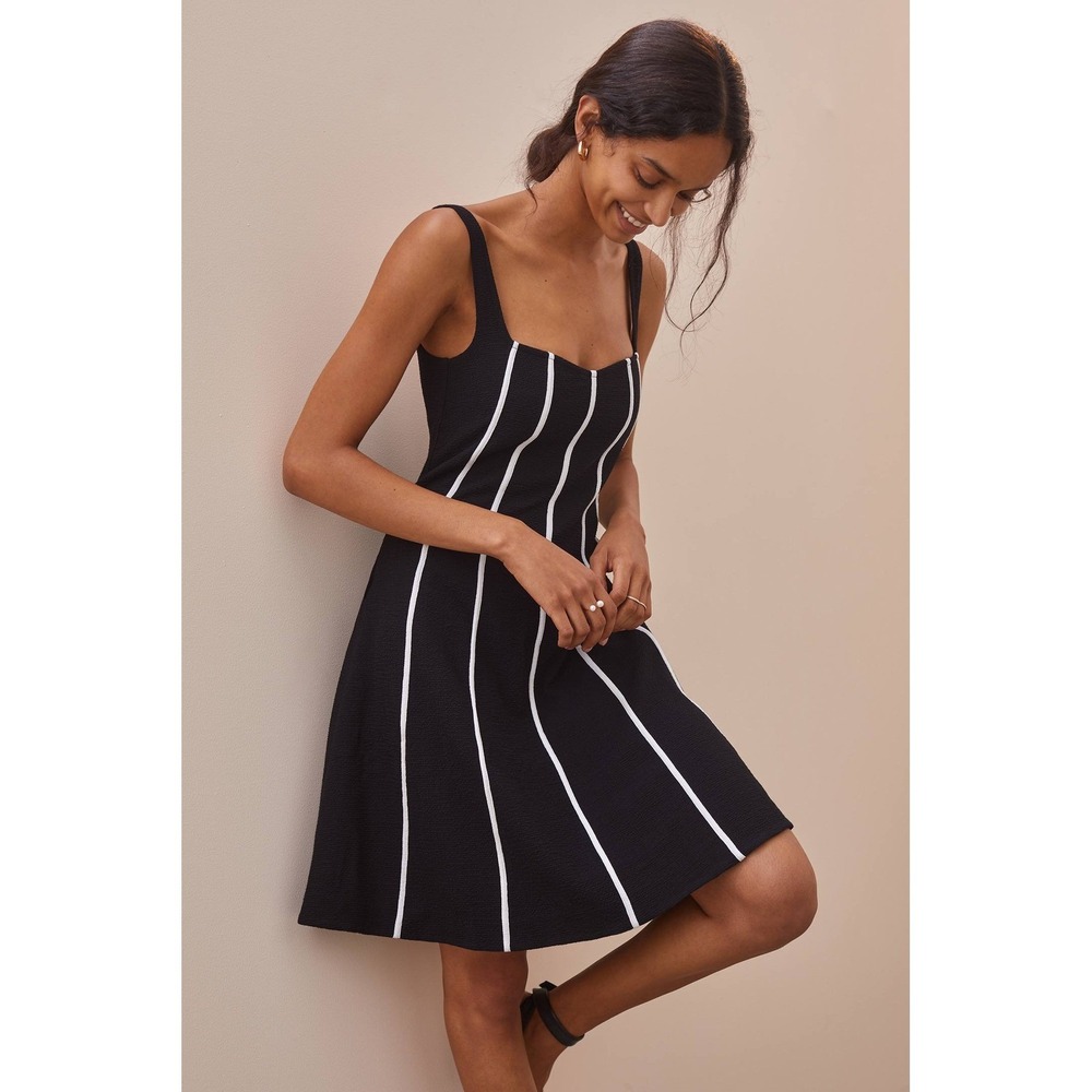 Anthropologie Maeve Little Black Dress White Piping Stretchy Pockets NWT Size 8